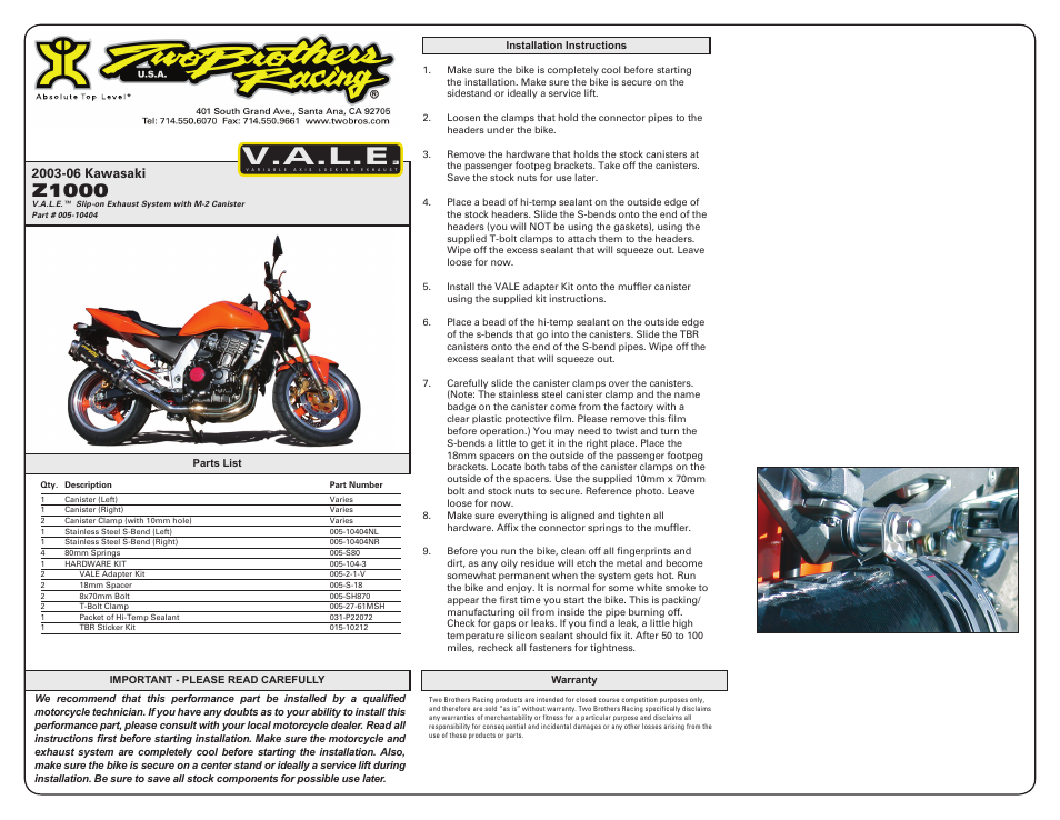 Two Brothers Racing Kawasaki Z1000 User Manual | 1 page