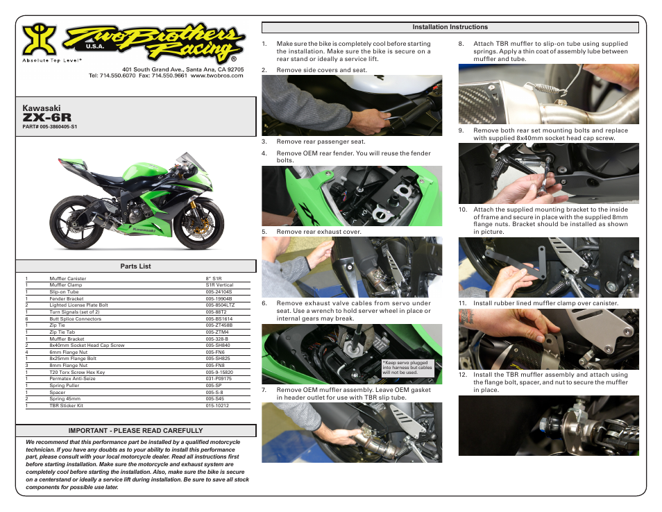 Two Brothers Racing Kawasaki ZX-6R User Manual | 2 pages