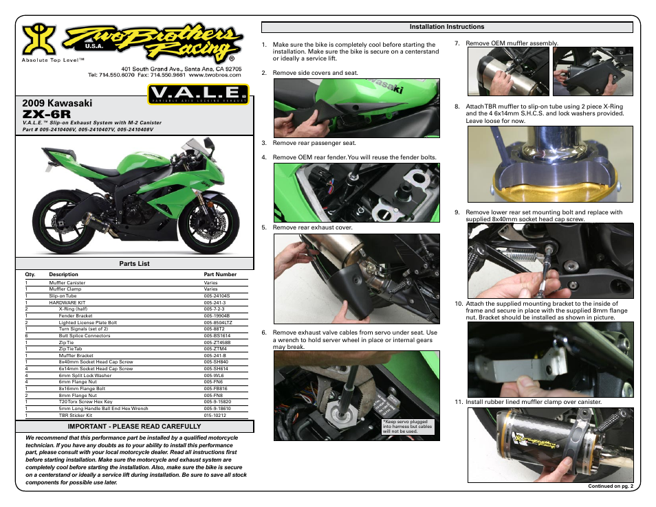 Two Brothers Racing Kawasaki ZX-6R User Manual | 3 pages
