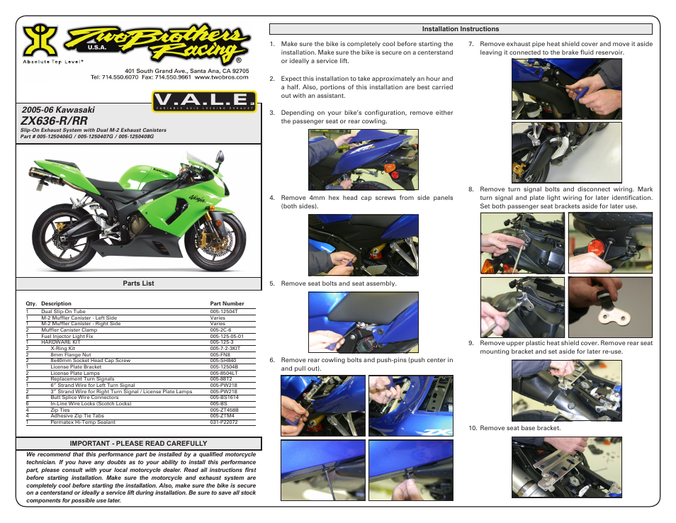 Two Brothers Racing Kawasaki ZX-636R/6RR User Manual | 5 pages