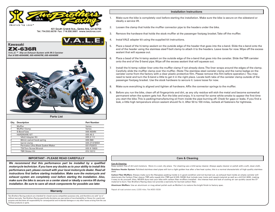 Two Brothers Racing Kawasaki ZX-636R/6RR User Manual | 1 page