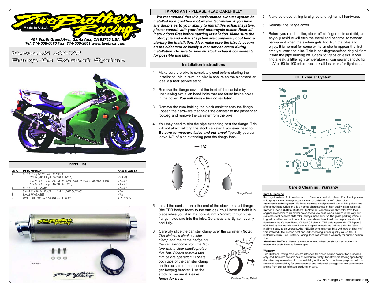 Two Brothers Racing Kawasaki ZX-7R User Manual | 1 page