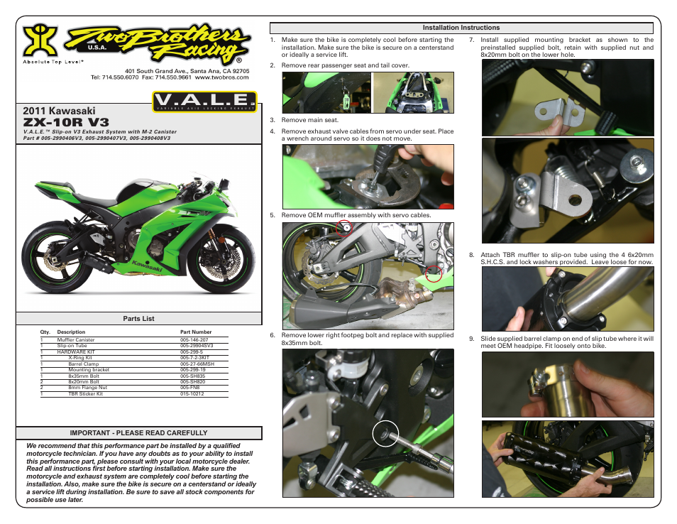 Two Brothers Racing Kawasaki ZX-10R User Manual | 2 pages