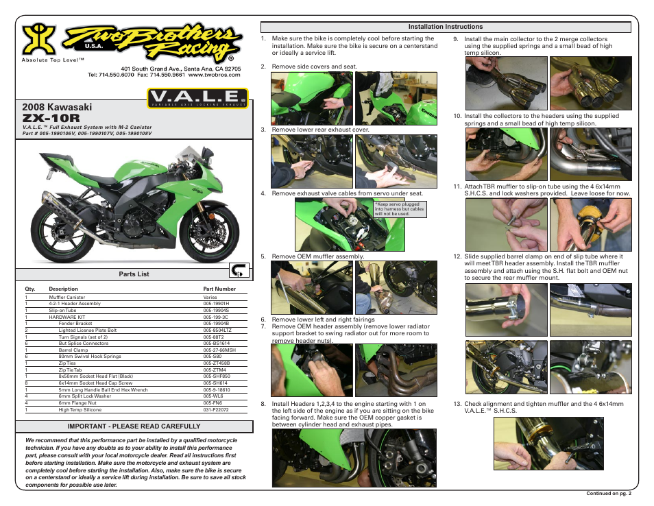 Two Brothers Racing Kawasaki ZX-10R User Manual | 3 pages