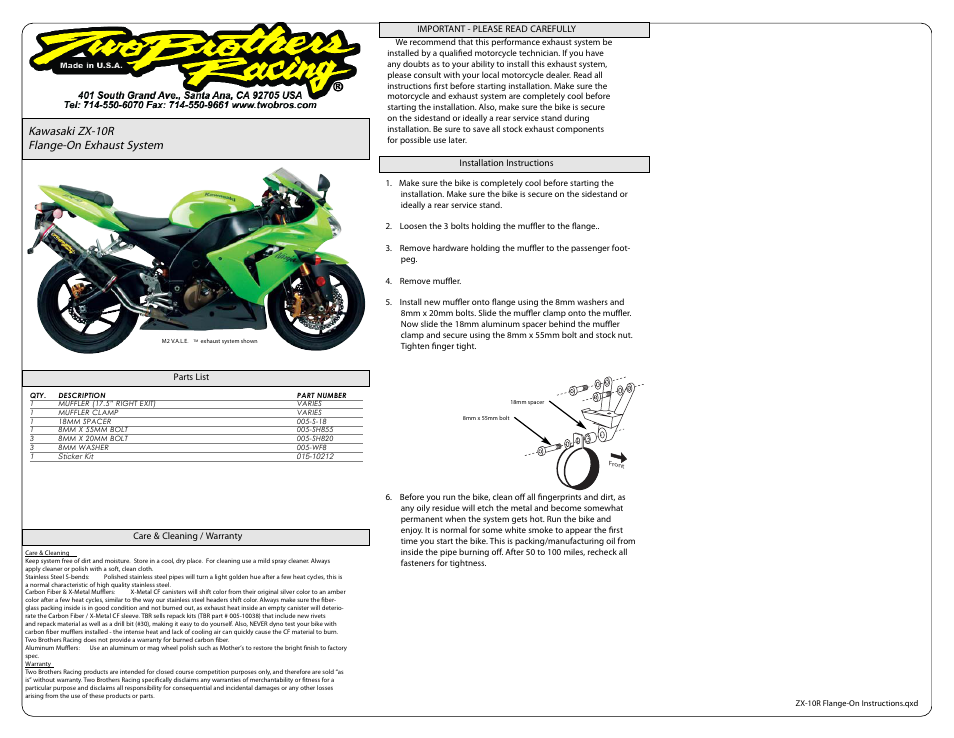 Two Brothers Racing Kawasaki ZX-10R User Manual | 1 page