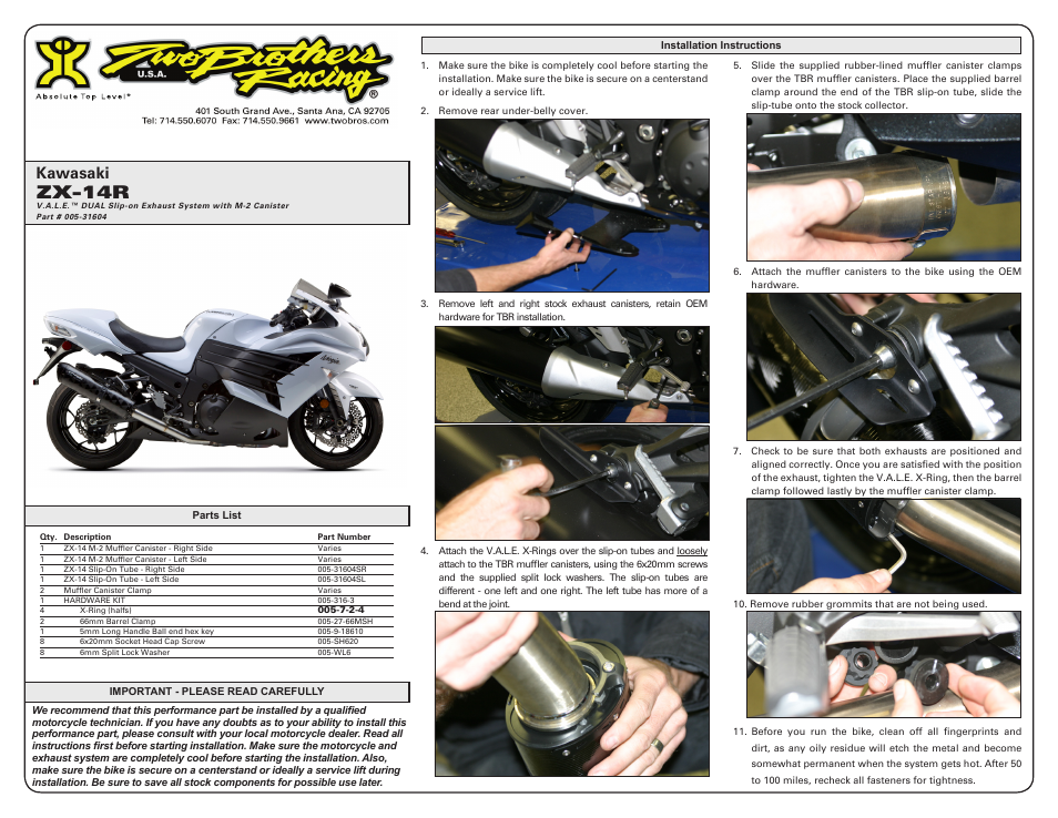 Two Brothers Racing Kawasaki ZX-14R User Manual | 2 pages