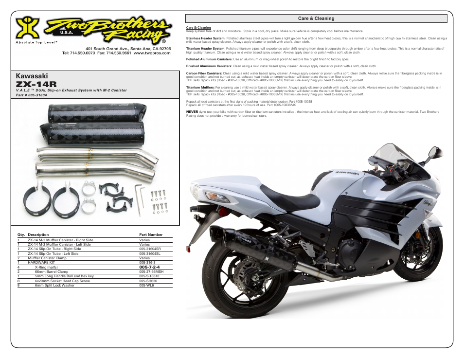 Zx-14r, Kawasaki | Two Brothers Racing Kawasaki ZX-14R User Manual | Page 2 / 2