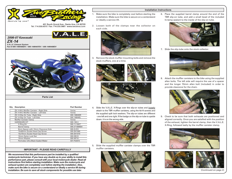 Two Brothers Racing Kawasaki ZX-14R User Manual | 3 pages