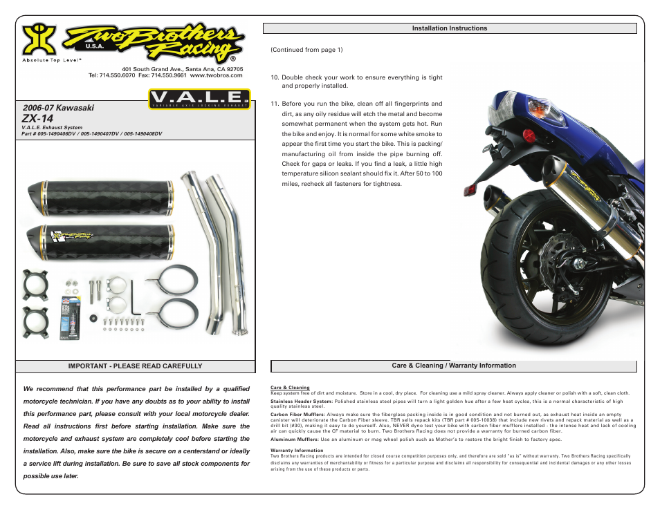 V.a.l.e, Zx-14 | Two Brothers Racing Kawasaki ZX-14R User Manual | Page 2 / 3