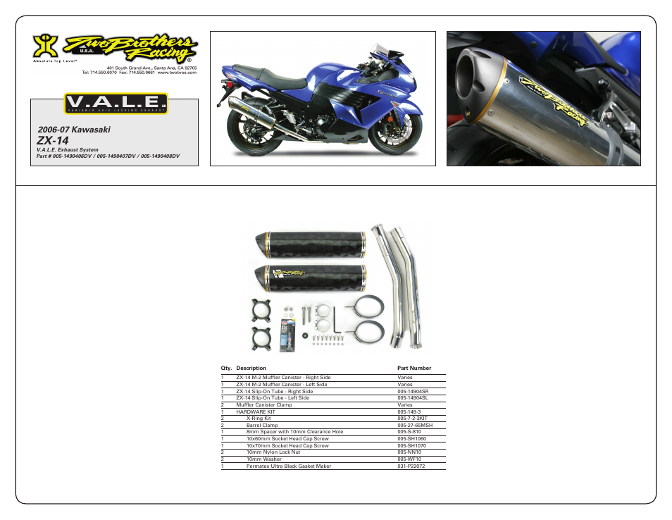 V.a.l.e, Zx-14 | Two Brothers Racing Kawasaki ZX-14R User Manual | Page 3 / 3