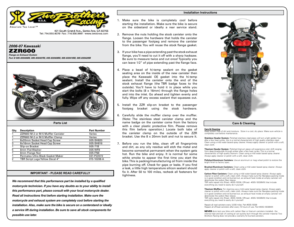 Two Brothers Racing Kawasaki ZZR 600 User Manual | 2 pages