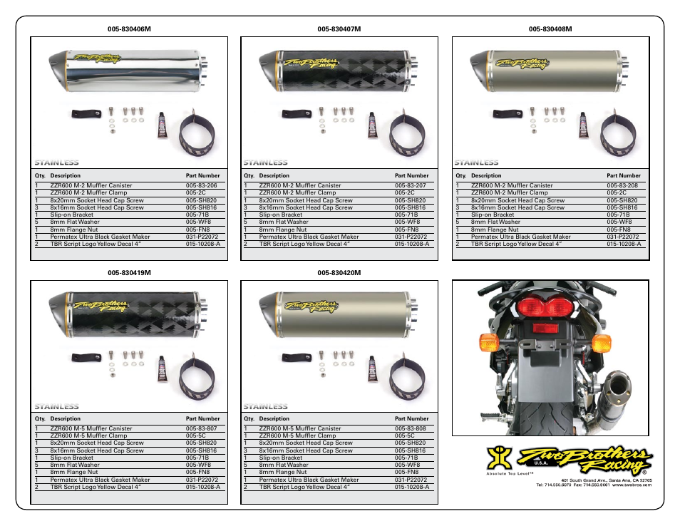 Two Brothers Racing Kawasaki ZZR 600 User Manual | Page 2 / 2