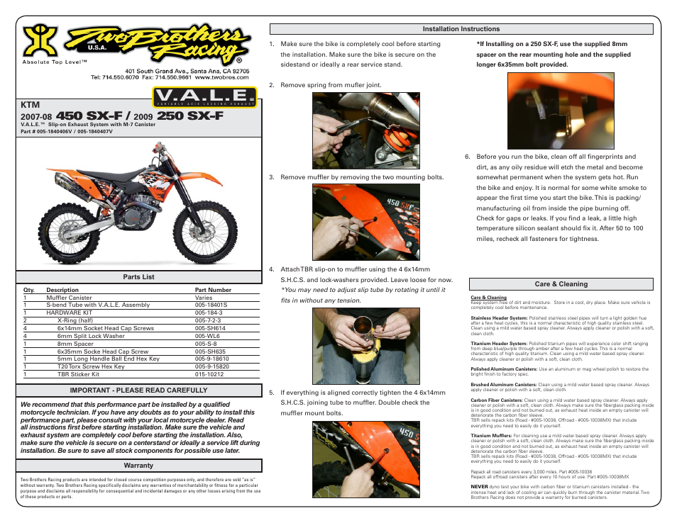 Two Brothers Racing KTM 450 SX-F User Manual | 2 pages