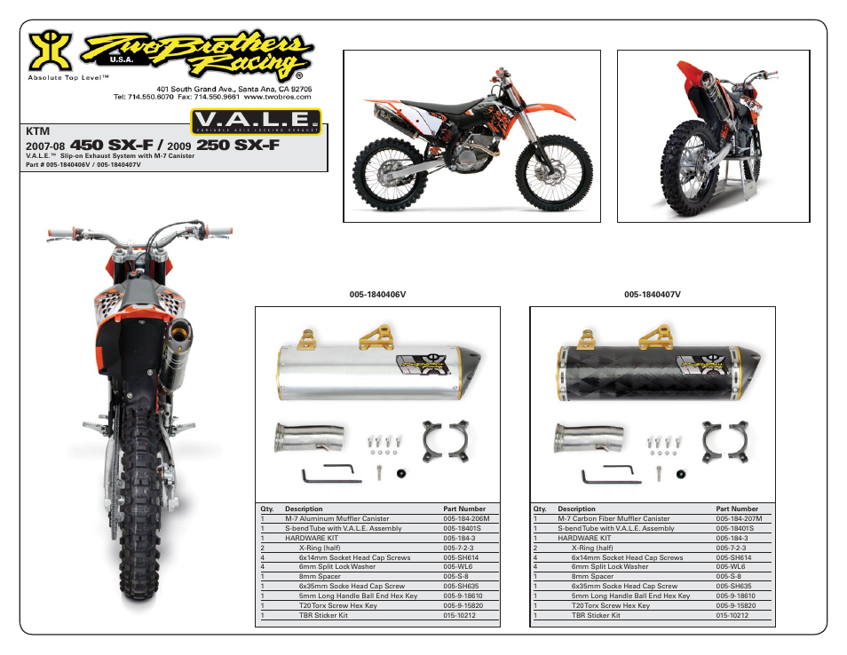 V.a.l.e, 450 sx-f, 250 sx-f | Two Brothers Racing KTM 450 SX-F User Manual | Page 2 / 2