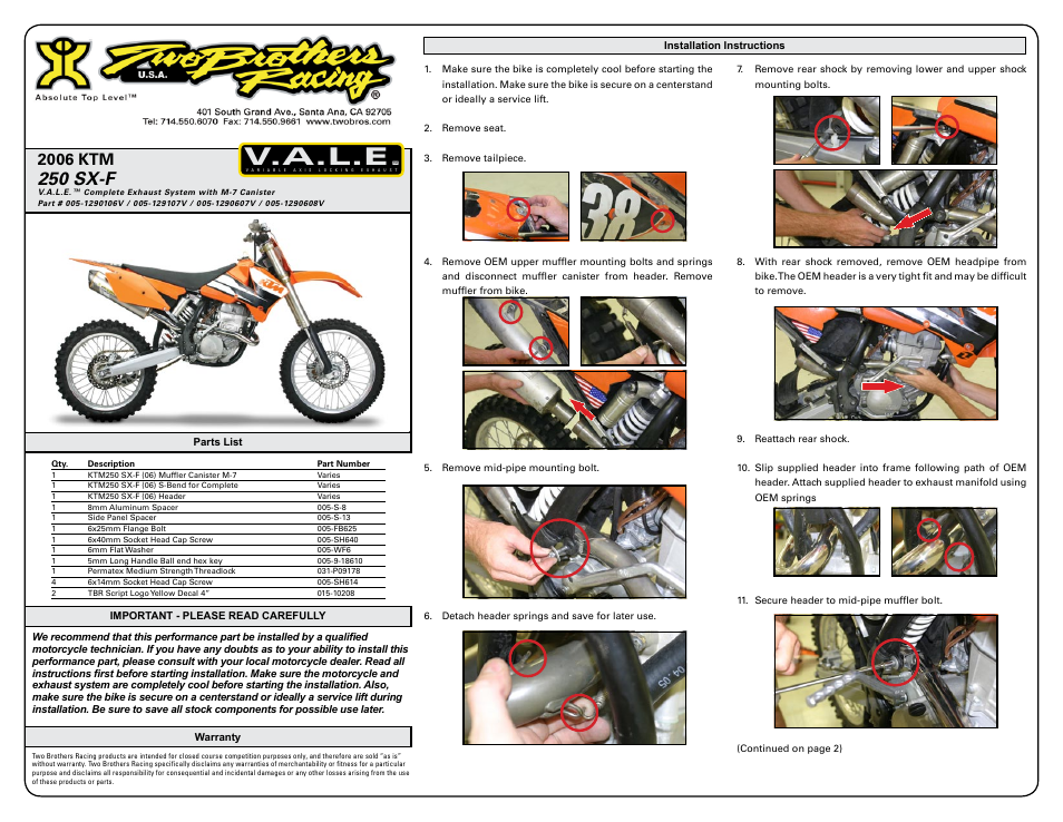 Two Brothers Racing KTM 250SX-F/F User Manual | 3 pages