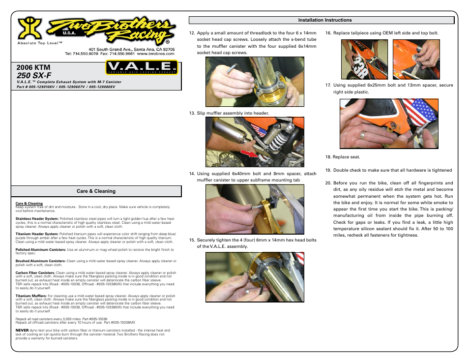 V.a.l.e, 250 sx-f, 2006 ktm | Two Brothers Racing KTM 250SX-F/F User Manual | Page 2 / 3