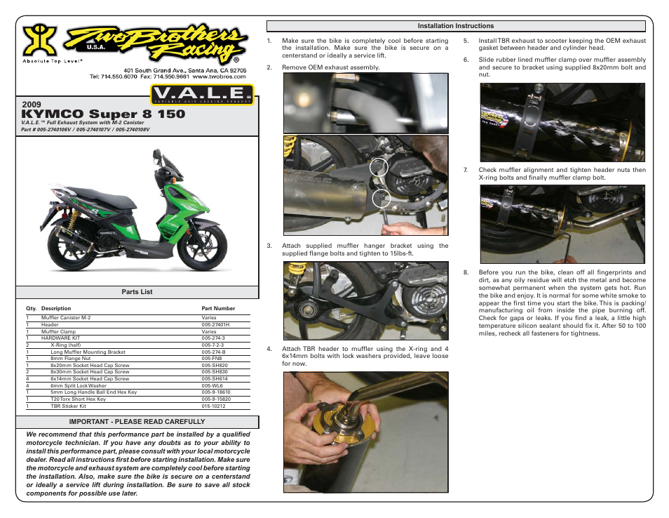 Two Brothers Racing Kymco Super8 150 Scooter User Manual | 2 pages