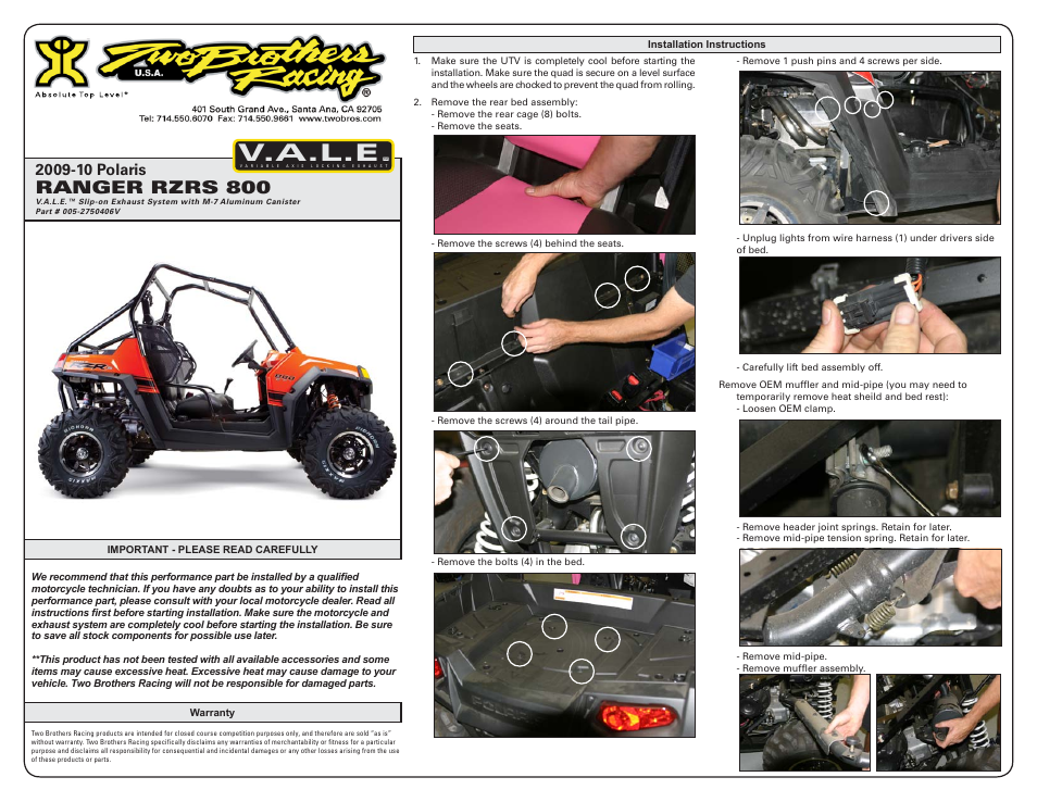 Two Brothers Racing Polaris Ranger RZR-S User Manual | 3 pages