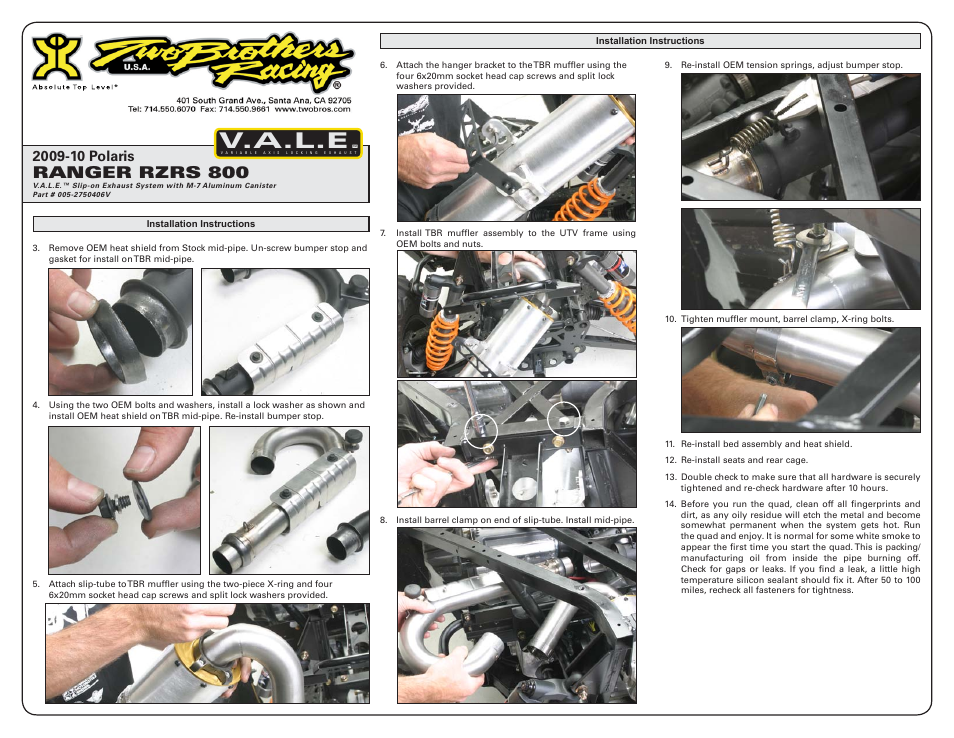 V.a.l.e, Ranger rzrs 800 | Two Brothers Racing Polaris Ranger RZR-S User Manual | Page 2 / 3