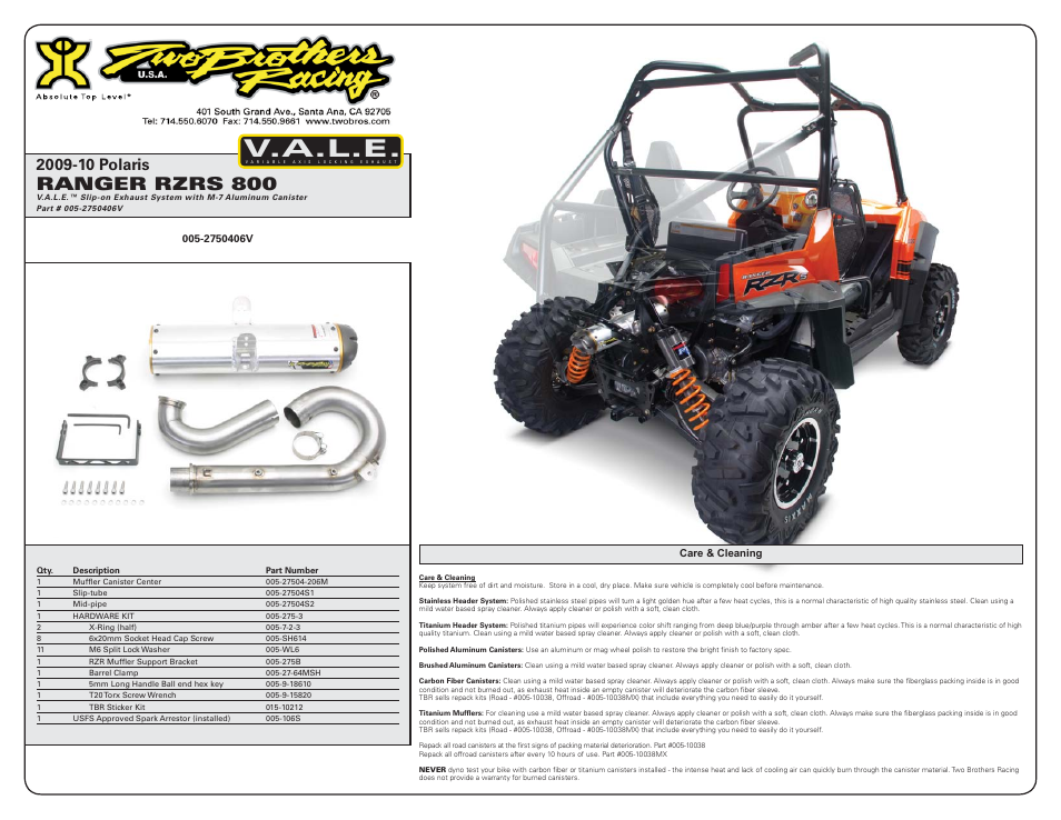 V.a.l.e, Ranger rzrs 800 | Two Brothers Racing Polaris Ranger RZR-S User Manual | Page 3 / 3