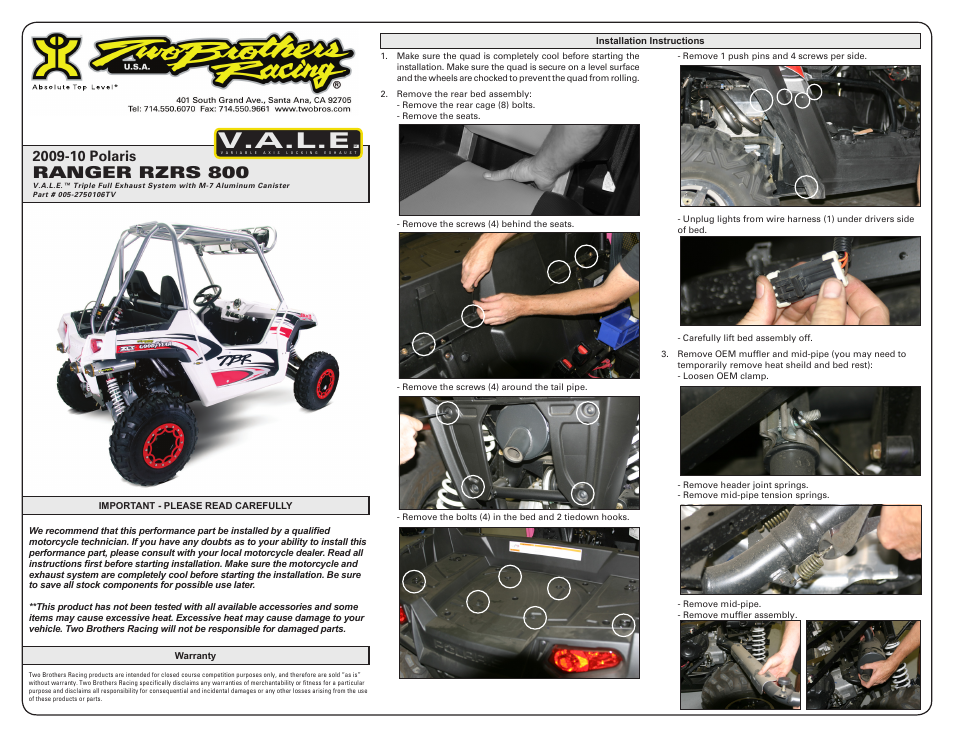 Two Brothers Racing Polaris Ranger RZR-S User Manual | 4 pages