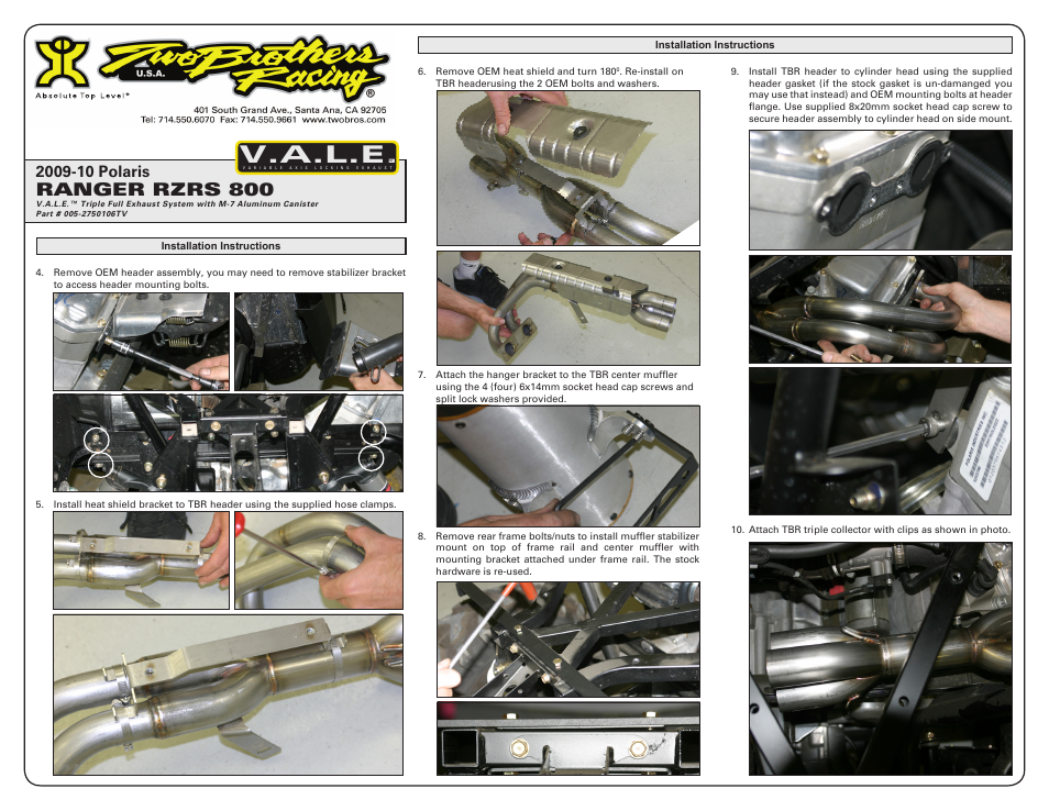 V.a.l.e, Ranger rzrs 800 | Two Brothers Racing Polaris Ranger RZR-S User Manual | Page 2 / 4