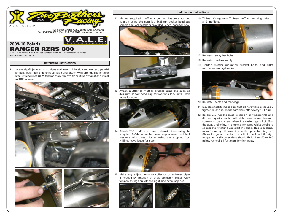 V.a.l.e, Ranger rzrs 800 | Two Brothers Racing Polaris Ranger RZR-S User Manual | Page 3 / 4