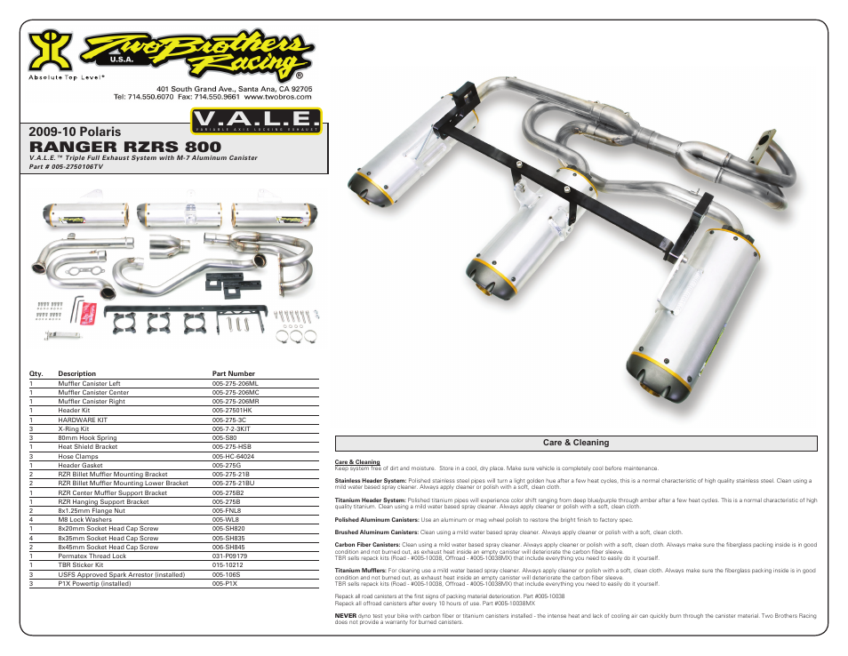 V.a.l.e, Ranger rzrs 800 | Two Brothers Racing Polaris Ranger RZR-S User Manual | Page 4 / 4