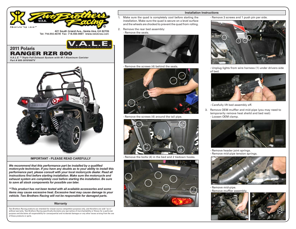 Two Brothers Racing Polaris Ranger RZR800 User Manual | 3 pages