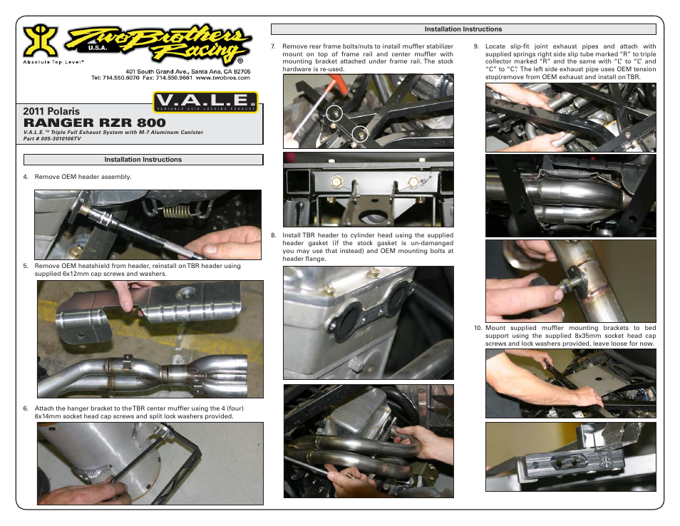 V.a.l.e, Ranger rzr 800, 2011 polaris | Two Brothers Racing Polaris Ranger RZR800 User Manual | Page 2 / 3