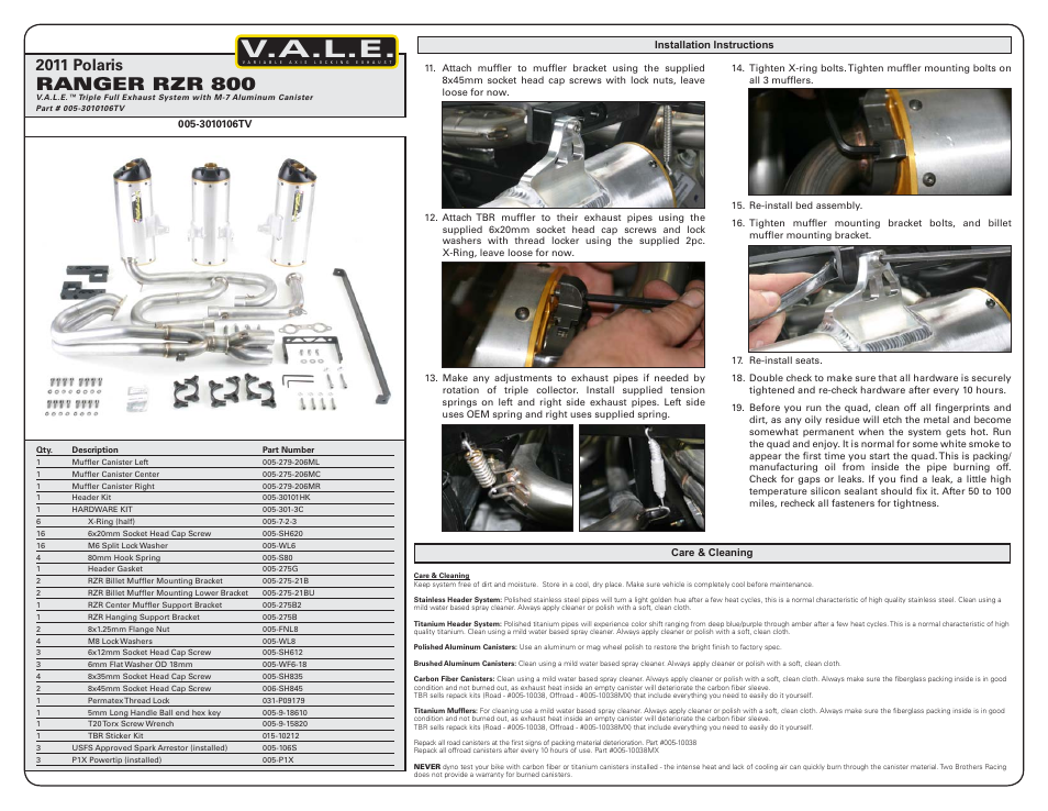 V.a.l.e, Ranger rzr 800, 2011 polaris | Two Brothers Racing Polaris Ranger RZR800 User Manual | Page 3 / 3