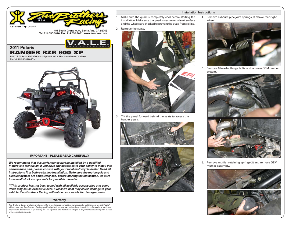 Two Brothers Racing Polaris Ranger RZR900 User Manual | 3 pages