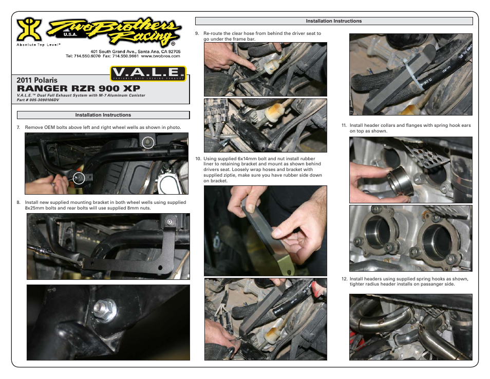 V.a.l.e, Ranger rzr 900 xp, 2011 polaris | Two Brothers Racing Polaris Ranger RZR900 User Manual | Page 2 / 3