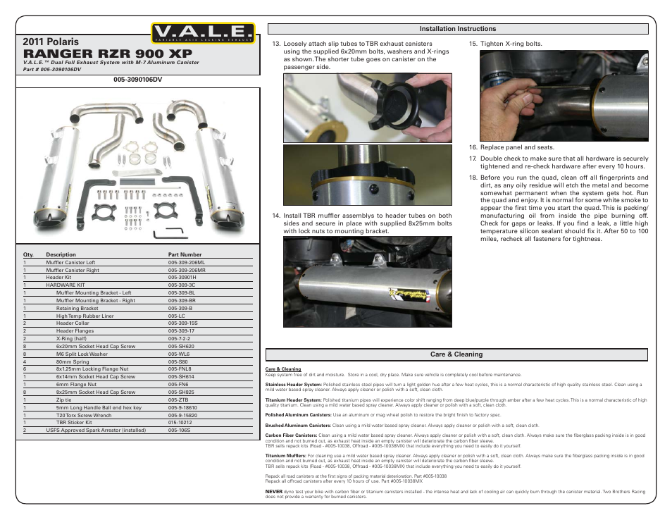 V.a.l.e, Ranger rzr 900 xp, 2011 polaris | Two Brothers Racing Polaris Ranger RZR900 User Manual | Page 3 / 3