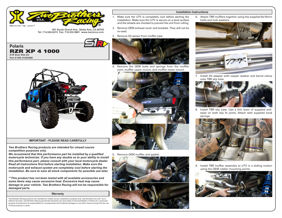 Two Brothers Racing Polaris RZR XP 4 1000 User Manual | 2 pages