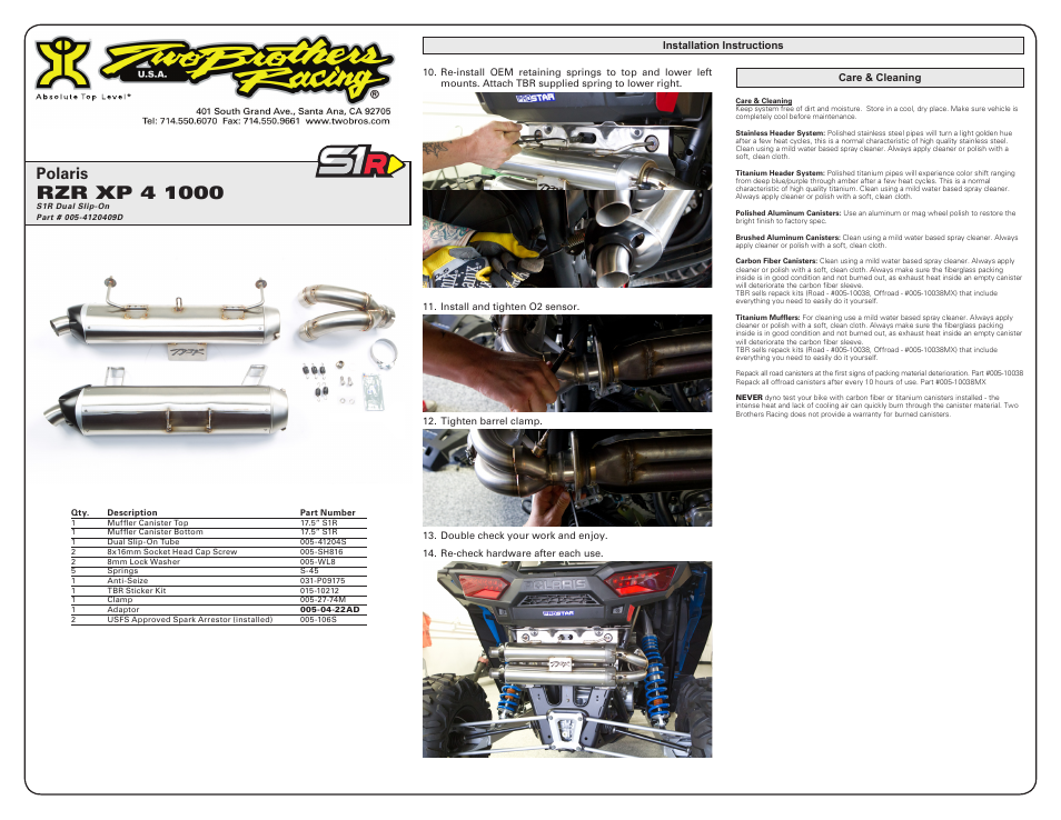 Polaris | Two Brothers Racing Polaris RZR XP 4 1000 User Manual | Page 2 / 2