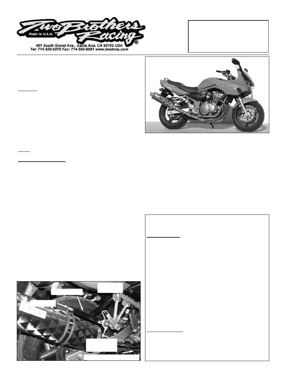 Two Brothers Racing Suzuki Bandit 600 User Manual | 1 page