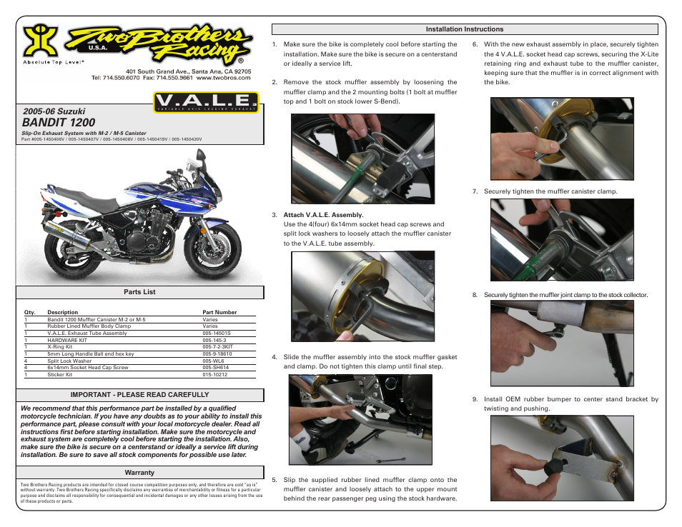 Two Brothers Racing Suzuki Bandit 1200 User Manual | 2 pages