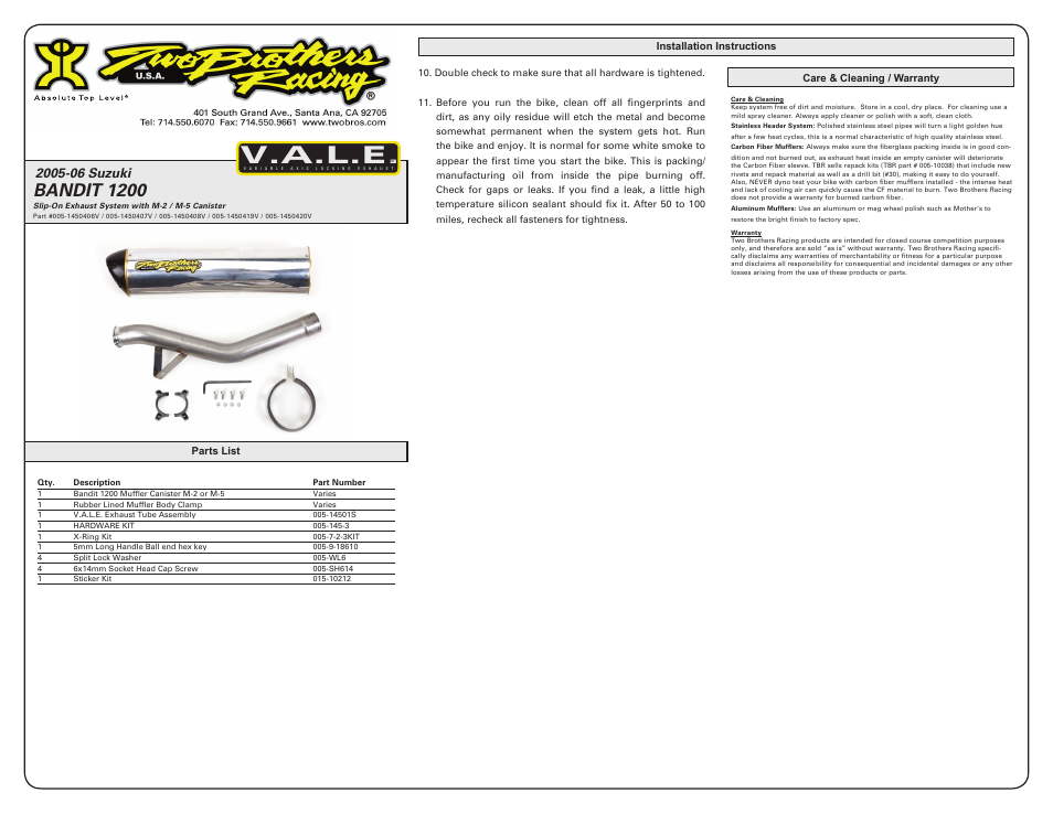 V.a.l.e, Bandit 1200 | Two Brothers Racing Suzuki Bandit 1200 User Manual | Page 2 / 2