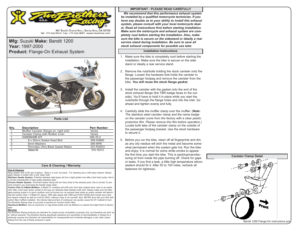 Two Brothers Racing Suzuki Bandit 1200 User Manual | 1 page