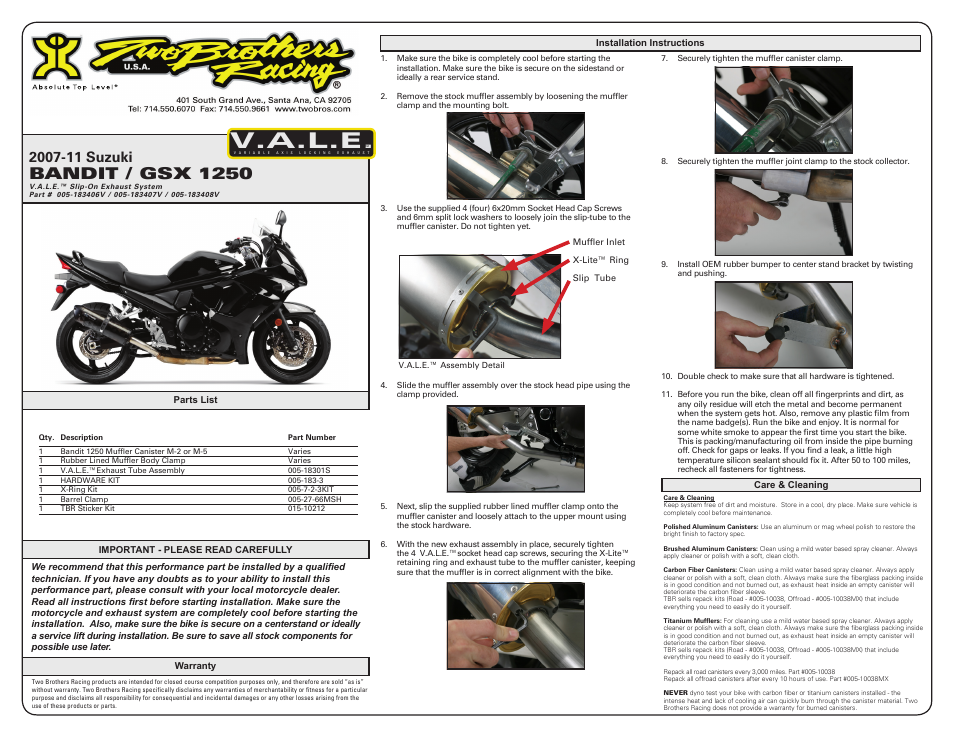 Two Brothers Racing Suzuki GSX-1250FA User Manual | 2 pages