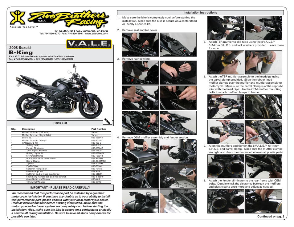 Two Brothers Racing Suzuki B-King User Manual | 3 pages