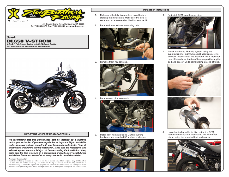 Two Brothers Racing Suzuki DL650V-Strom User Manual | 2 pages