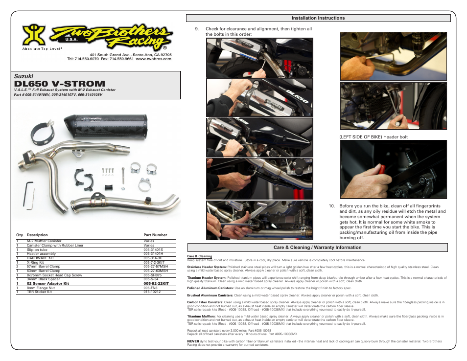 Dl650 v-strom, Suzuki | Two Brothers Racing Suzuki DL650V-Strom User Manual | Page 2 / 2