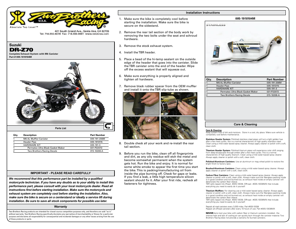 Two Brothers Racing Suzuki DR-Z70 User Manual | 1 page