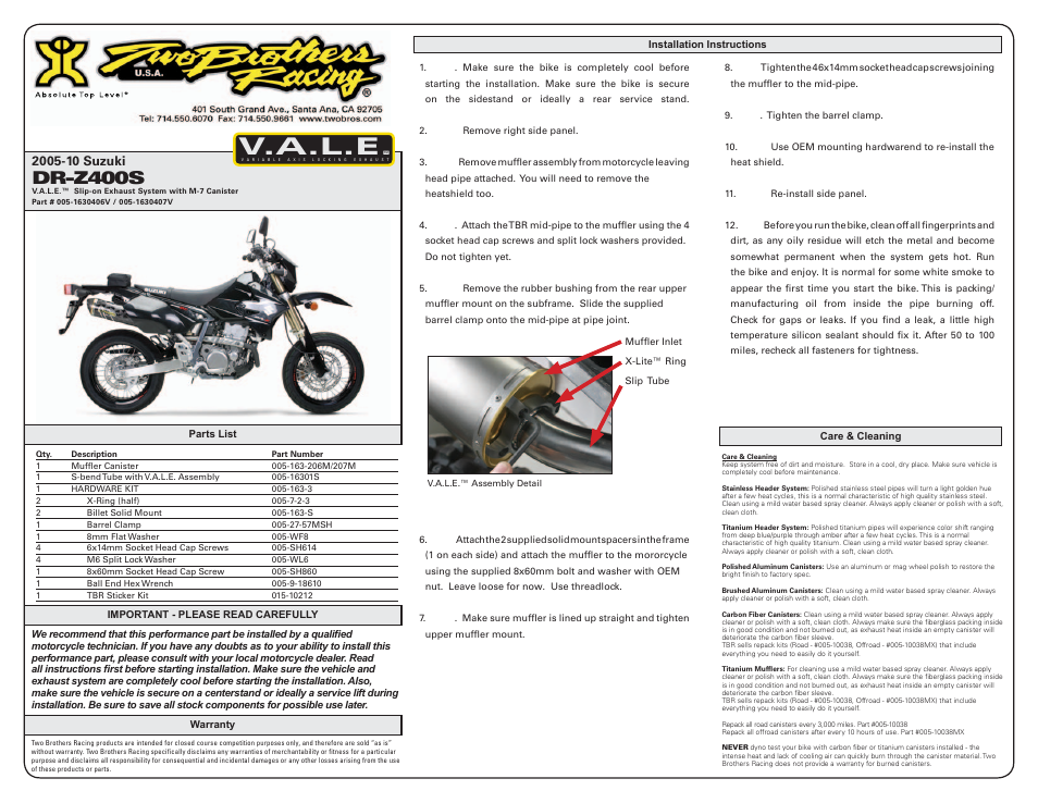 Two Brothers Racing Suzuki DR-Z400S/SM User Manual | 2 pages