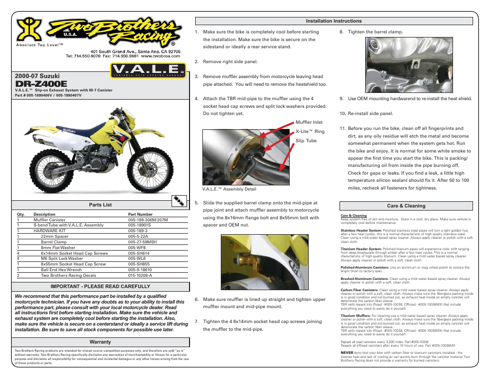 Two Brothers Racing Suzuki DR-Z400E User Manual | 2 pages