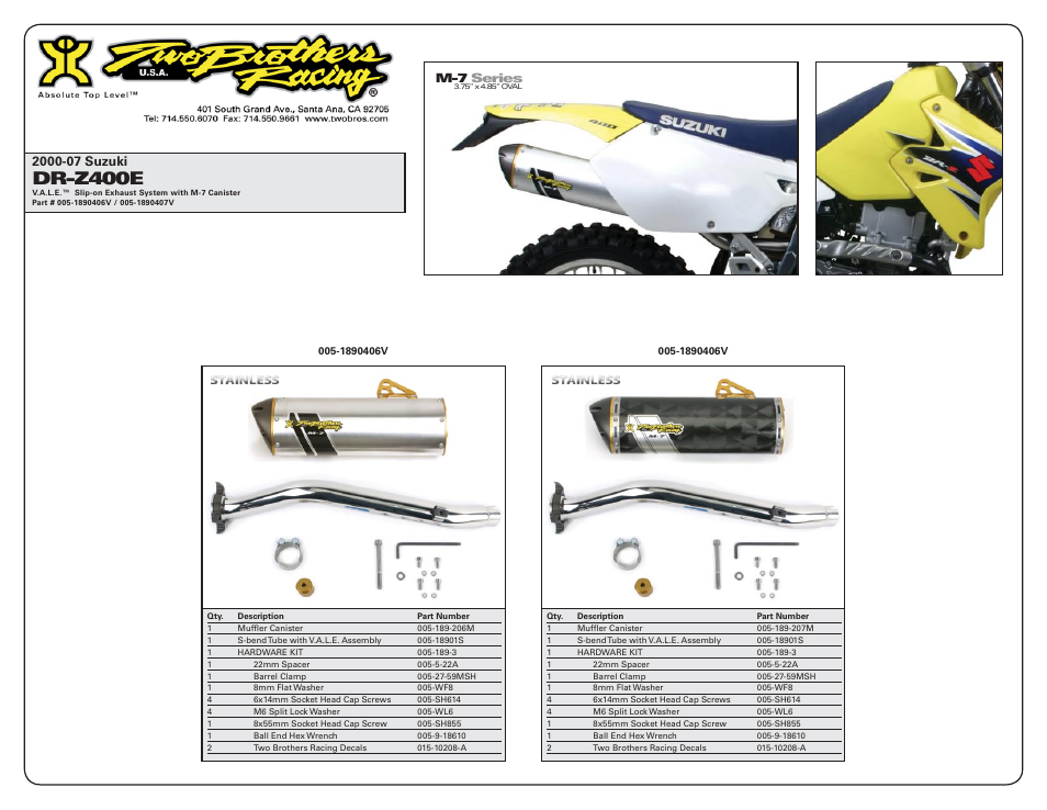 Dr-z400e, M-7 series | Two Brothers Racing Suzuki DR-Z400E User Manual | Page 2 / 2