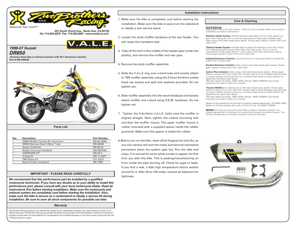 Two Brothers Racing Suzuki DR650 User Manual | 1 page
