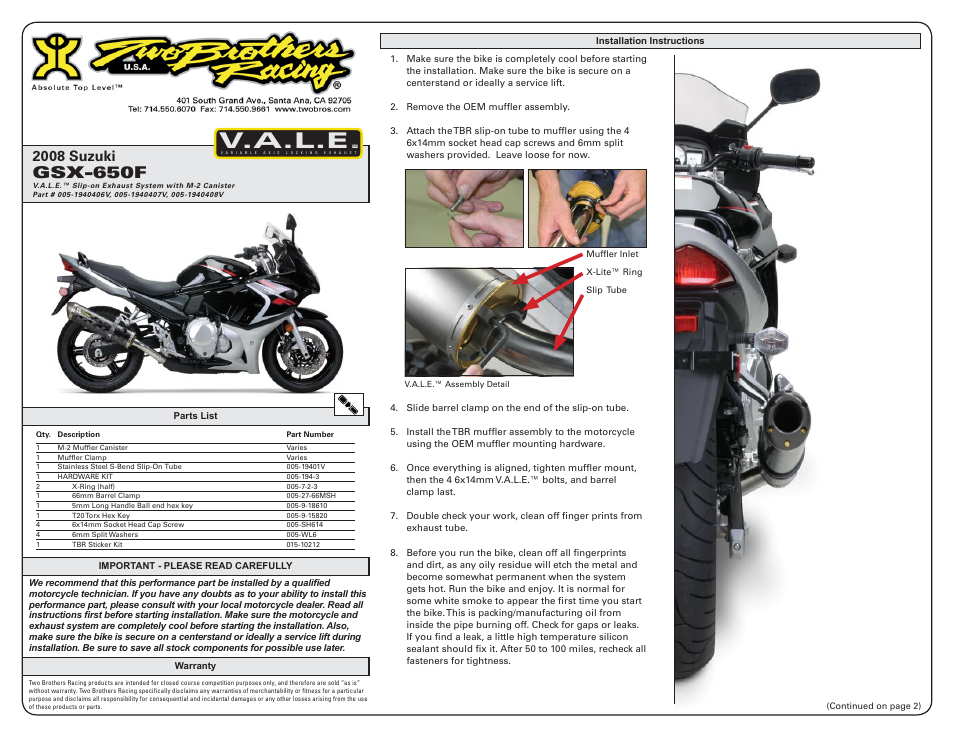 Two Brothers Racing Suzuki GSX-650F User Manual | 2 pages